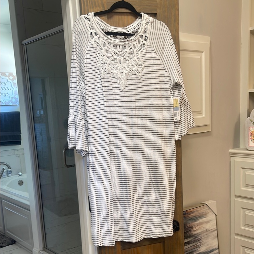 Striped White and Black Dress with Lace Detail